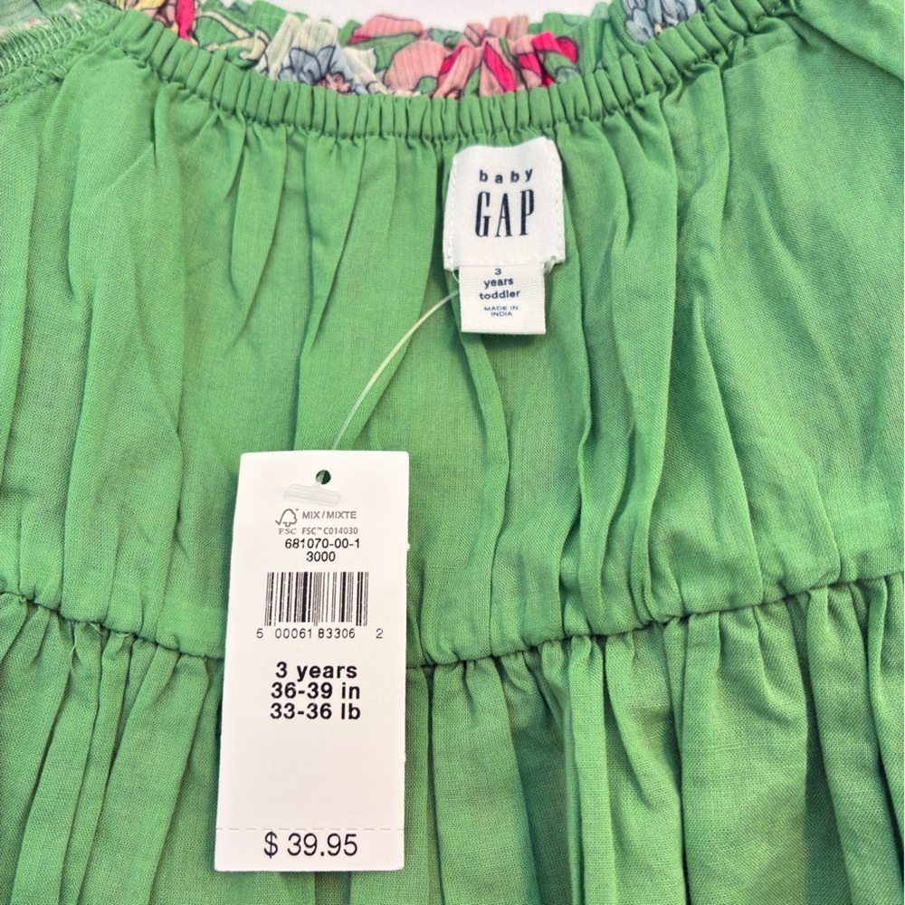 Baby Gap Toddle Girl's Smocked Floral Dress Stem Green Floral Size 3T New - Picture 7 of 7